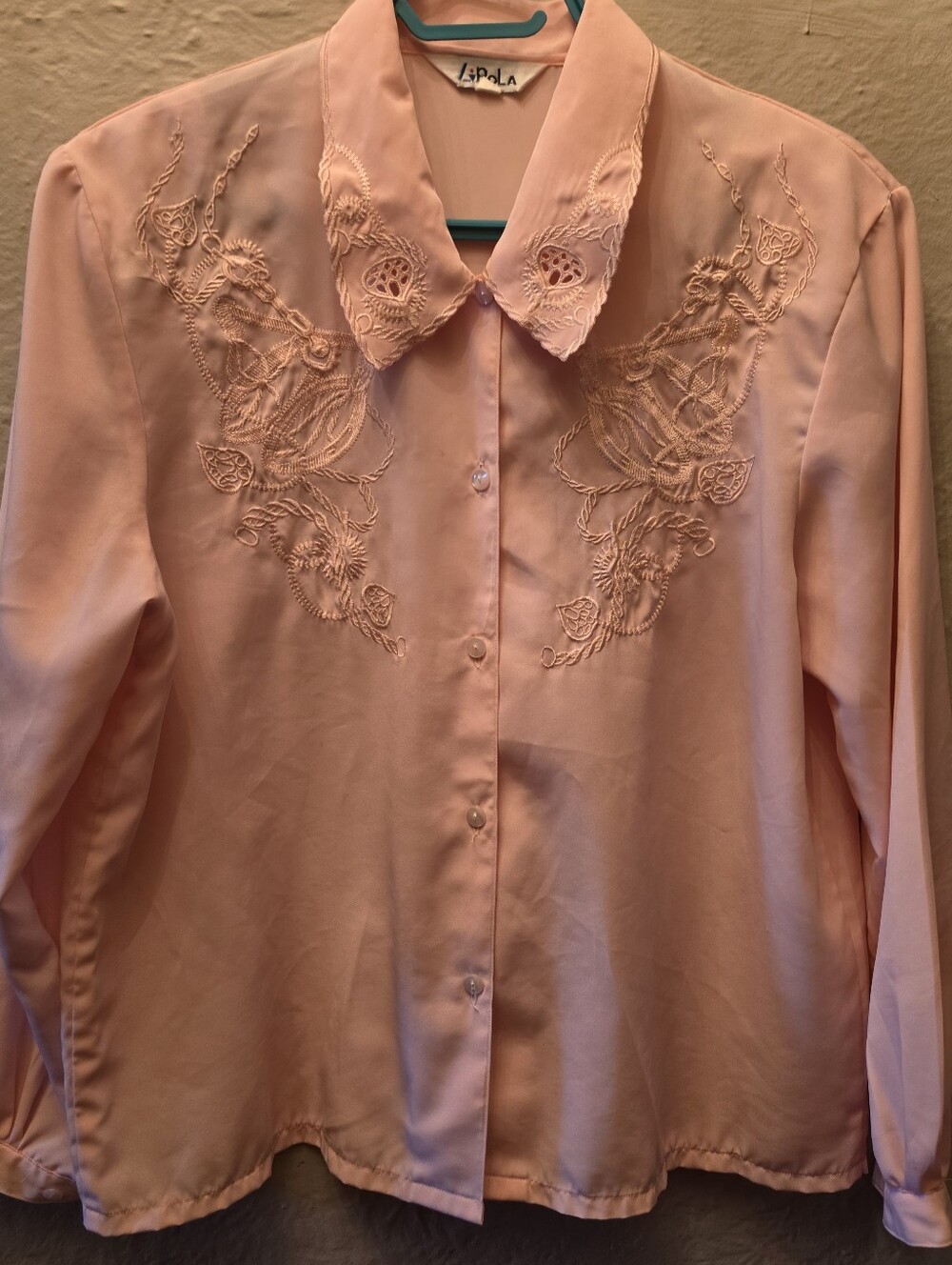 Vintage LiPola Pink Embroidered Botanical Cutwork Blouse Size 15 Romantic